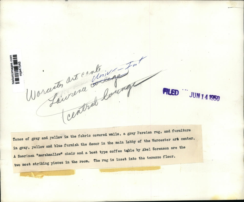 1950 Press Photo Tones of Gray and yellow at the lobby of Worcester Art Center