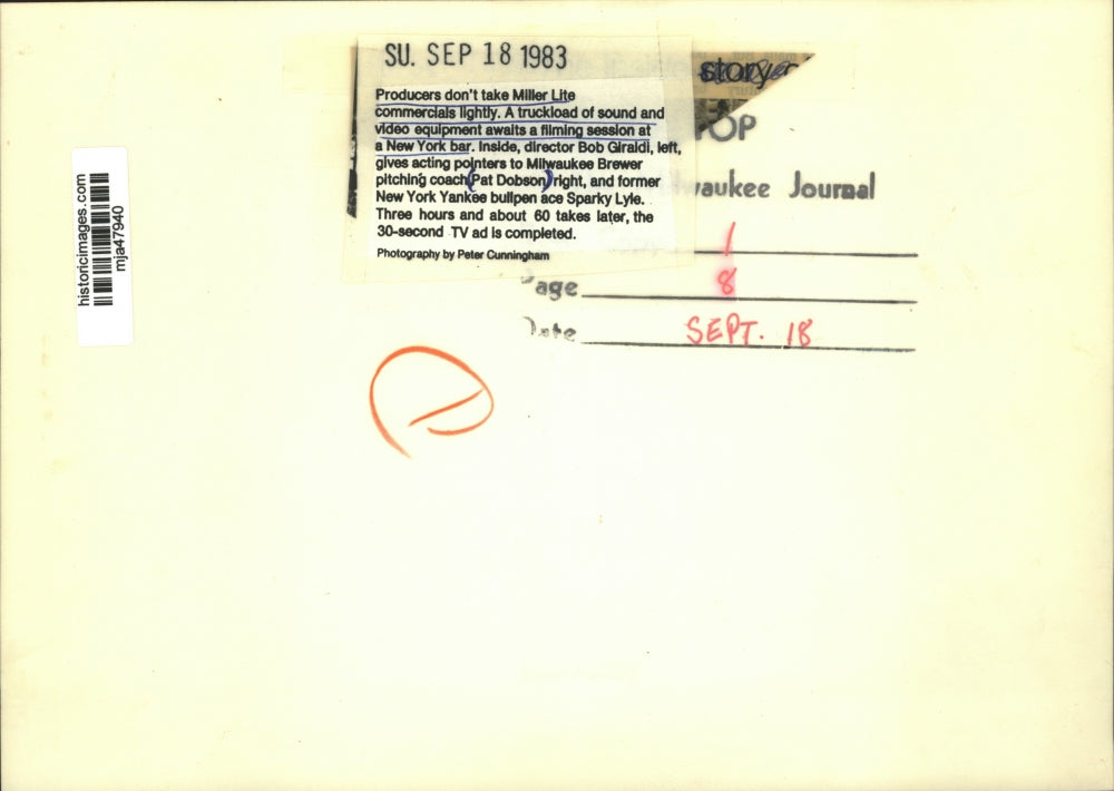 1983 Press Photo Sound & video equipment for filming a Miller LIte ad in NYC bar