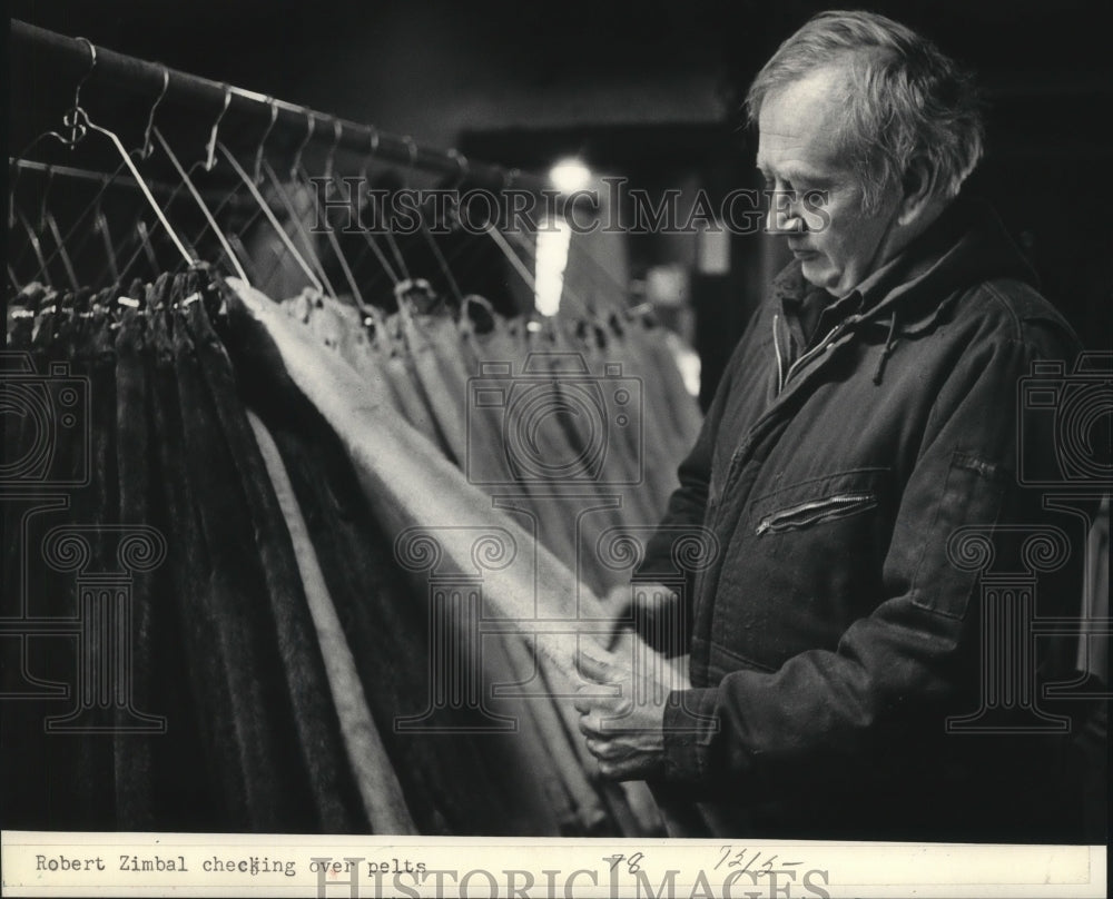 1985 Press Photo Robert Zimbal Sr. inspects mink pelts before shipping.- Historic Images