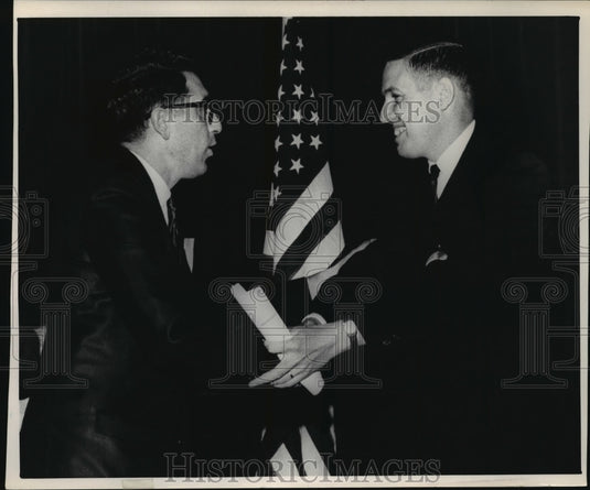 1966 Press Photo John Olson Congratulating Louis Ceci on Attorney General Win- Historic Images