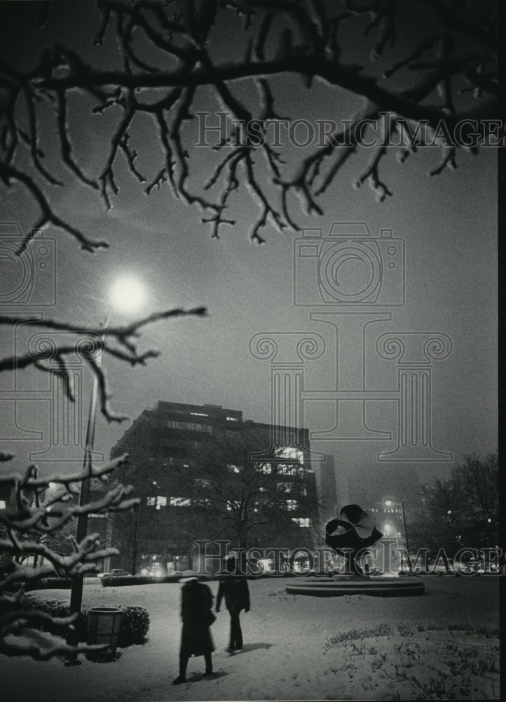 1986 Press Photo People Walk At Night In Milwaukee&#39;s Snowy Cathedral Square Park- Historic Images