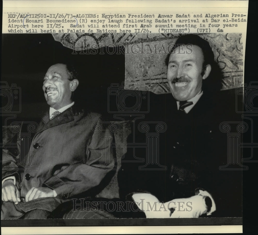 1973 Press Photo Houari Boumedienne & Anwar Sadat together at Algiers airport