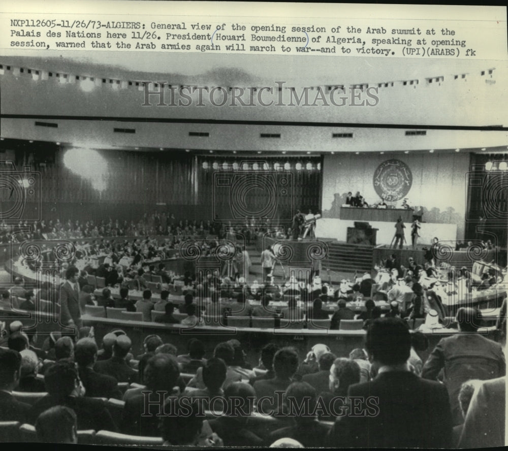 1973 Press Photo President Houari Boumedienne speaks at Arab summit in Algiers