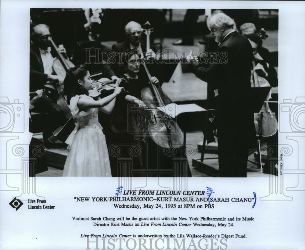 1995 Press Photo Violinist Sarah Chang with Kurt Masur & New York Philharmonic- Historic Images