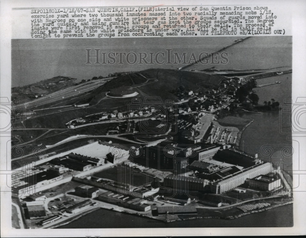 1967 Press Photo Aerial View of San Quentin Prison exercise yard, California