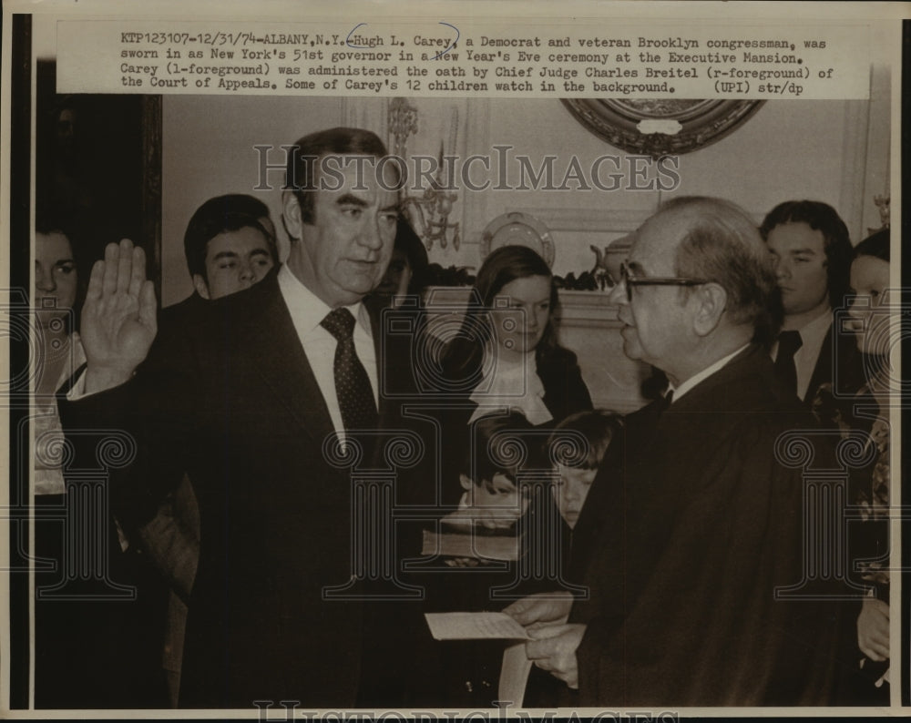 1974 Press Photo Hugh Carey Takes Oath, New York&#39;s Governor, by Charles Breitel