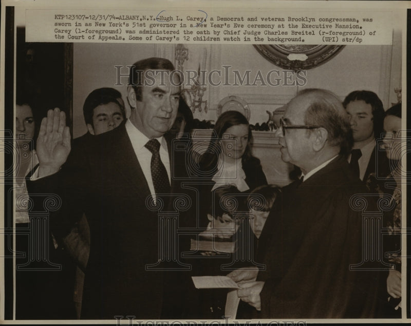 Load image into Gallery viewer, 1974 Press Photo Hugh Carey Takes Oath, New York's Governor, by Charles Breitel
