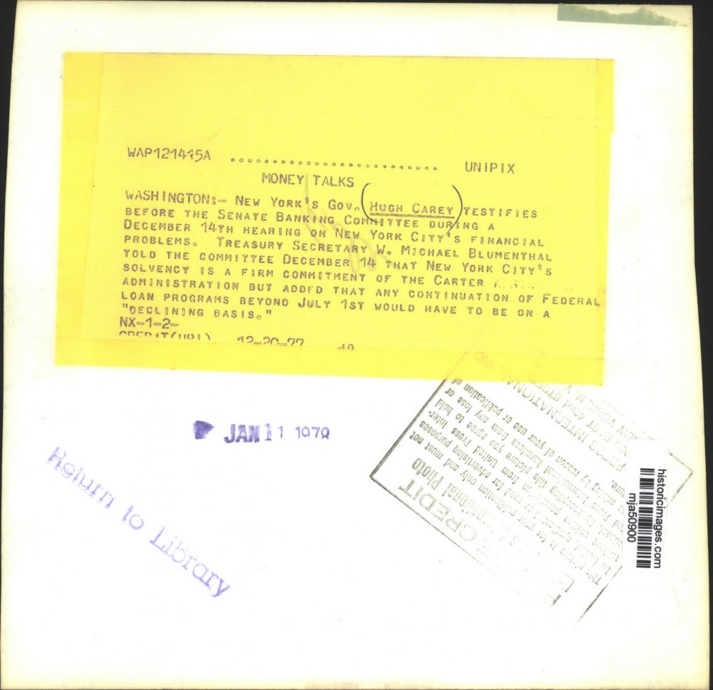 1978 Press Photo New York Governor Hugh Carey at Senate Banking, Washington