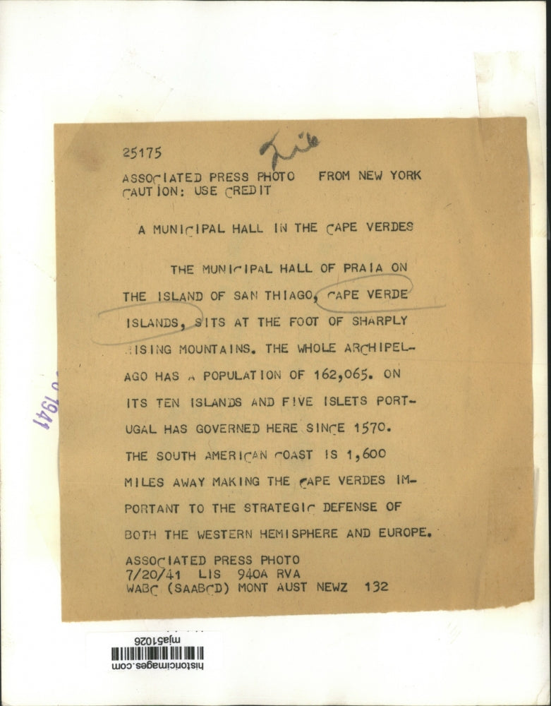 1941 Press Photo Municipal hall on San Thiago in the Cape Verde Islands