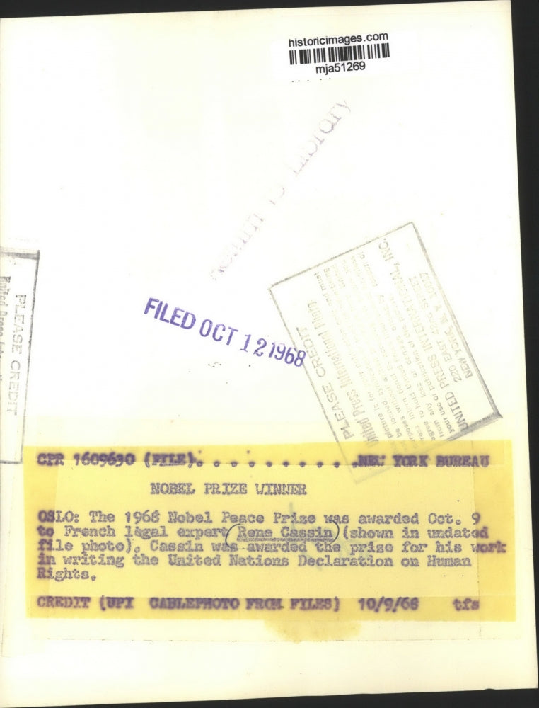 1968 Press Photo French legal expert Rene Cassin awarded Nobel Peace Prize