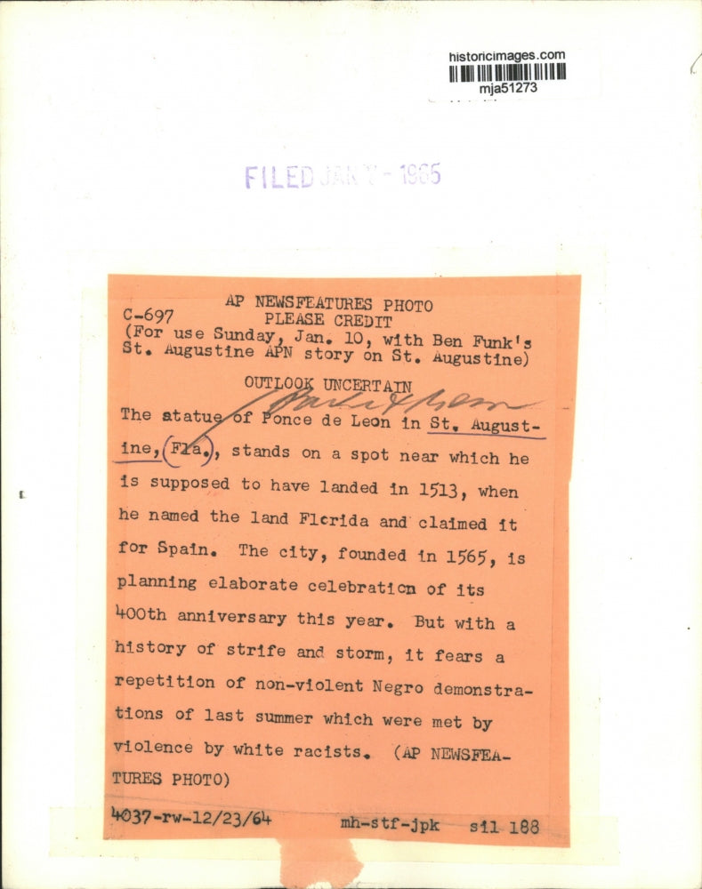 1964 Press Photo Statue of Ponce de Leon in St. Augustine, Florida - mja51273