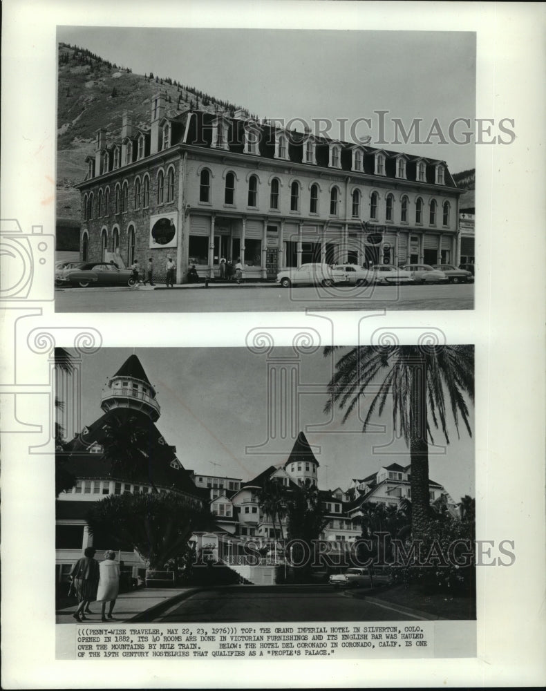 1976 Press Photo Grand Imperial Hotel in Colo. & Hotel Del Coronado in Calif.