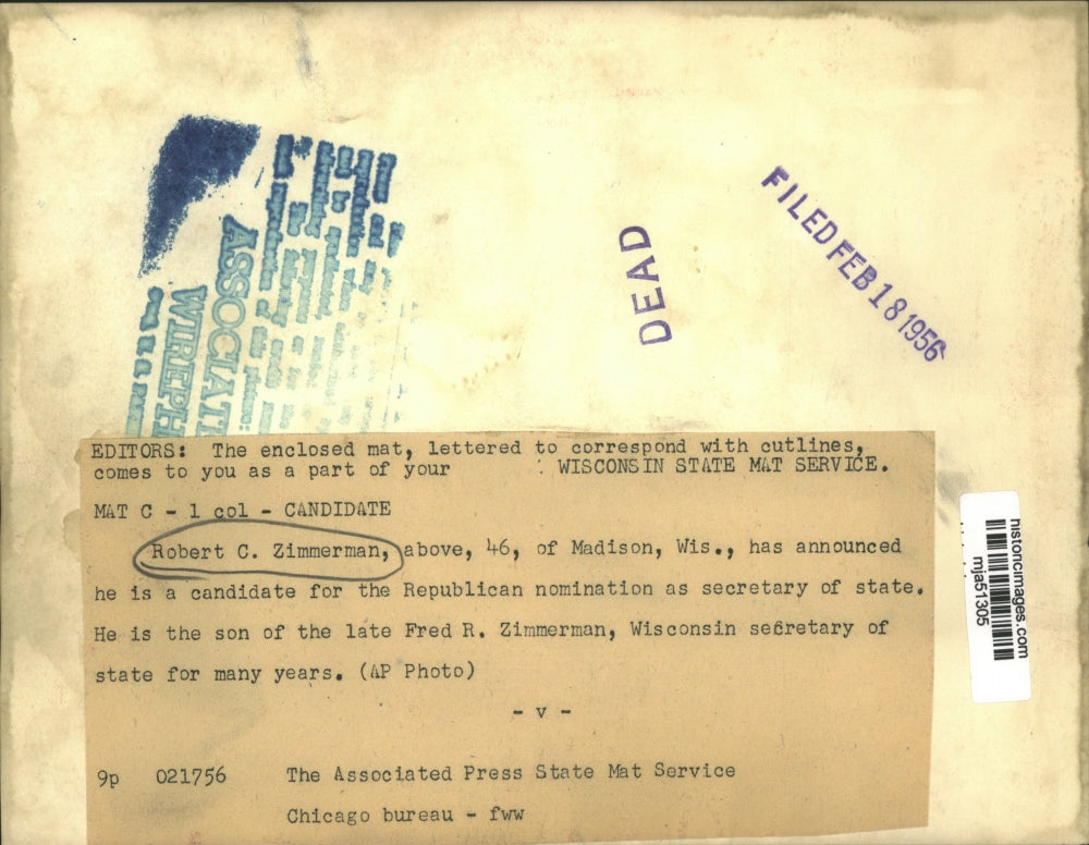 1956 Press Photo Republican candidate Robert Zimmerman of Madison, Wisconsin