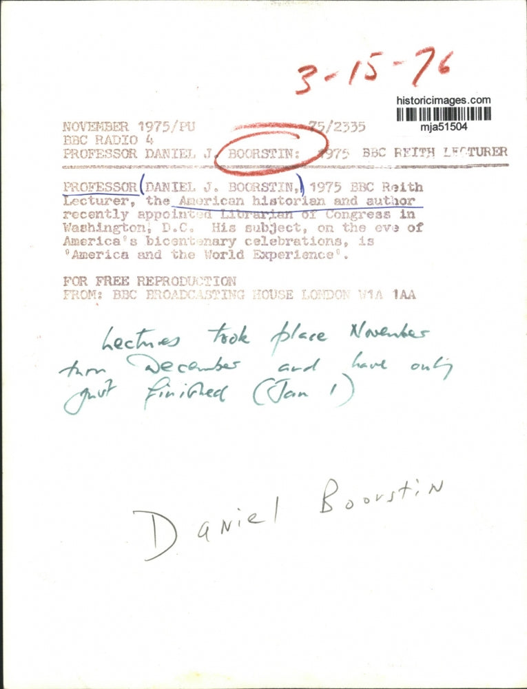 1975 Press Photo Historian and author Professor Daniel Boorstin - mja51504