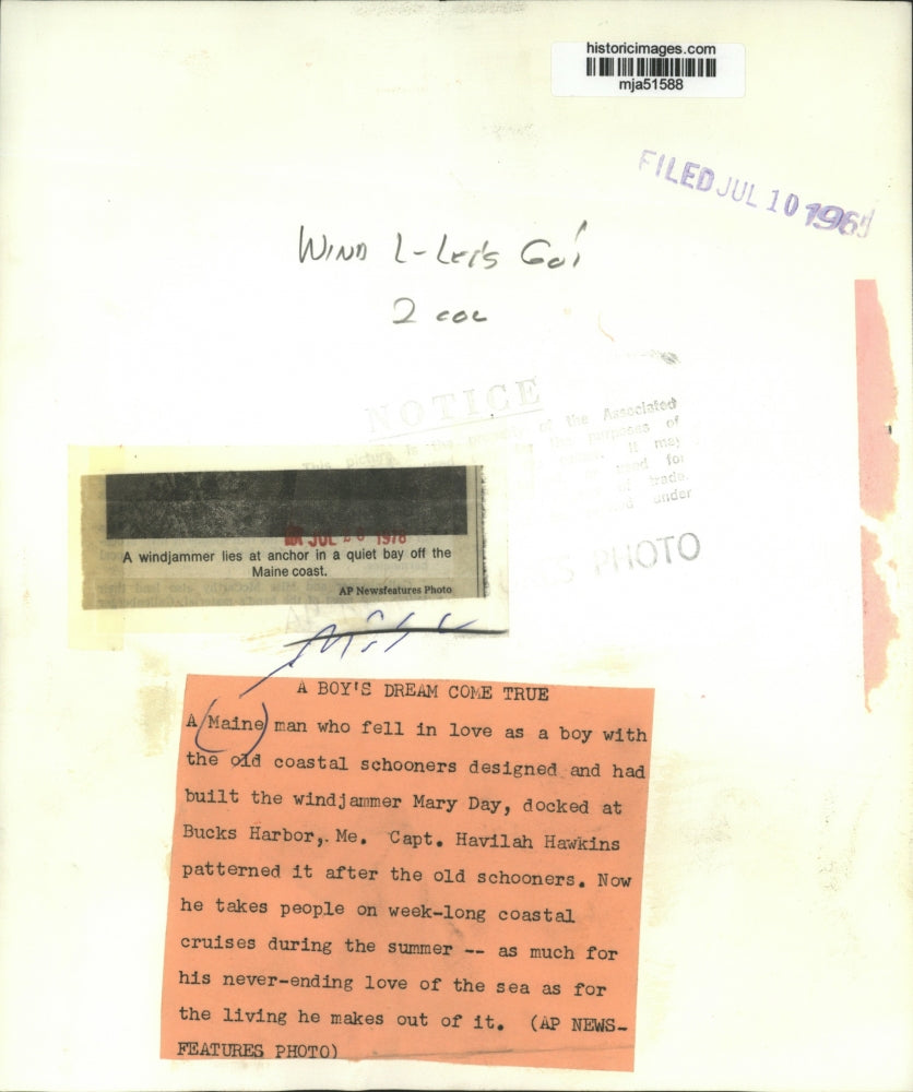 1965 Press Photo Windjammer anchored in Bay on Maine Coast - mja51588