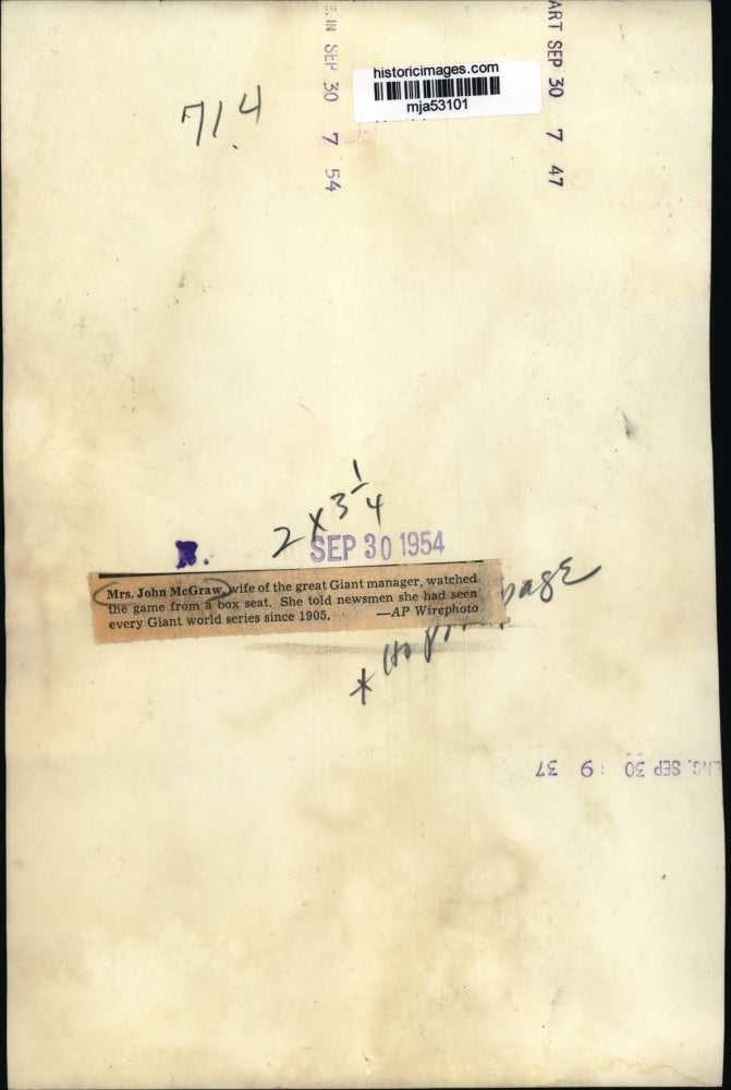 1954 Press Photo Mrs. John McGraw Wife of Giant Manager Watches the Game