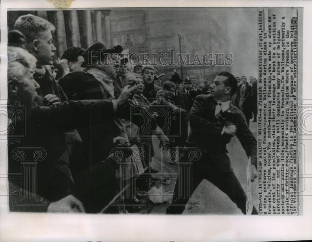 1962 Press Photo Flemish Demonstrator During Clash in Brussels, Belgium- Historic Images