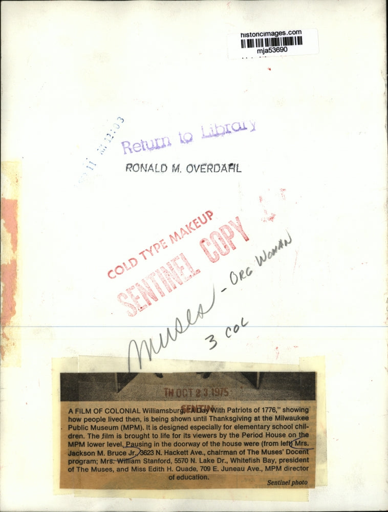 1975 Press Photo Colonial Williamsburg Film at Milwaukee Public Museum