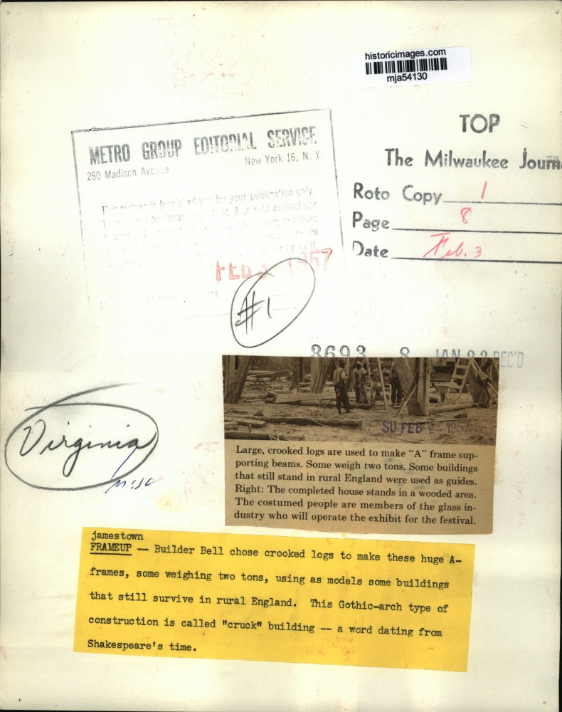 1957 Press Photo Large crooked logs used to make this building near Jamestown,VA