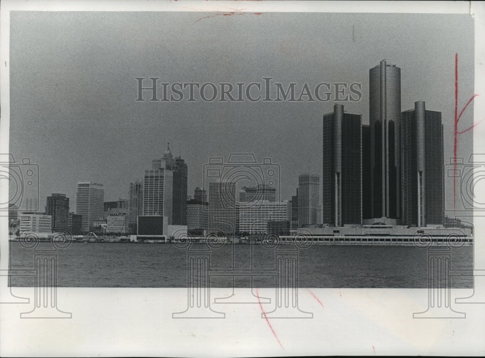 1987 Press Photo Renaissance Center Dominates Detroit Skyline Detroit, Michigan- Historic Images