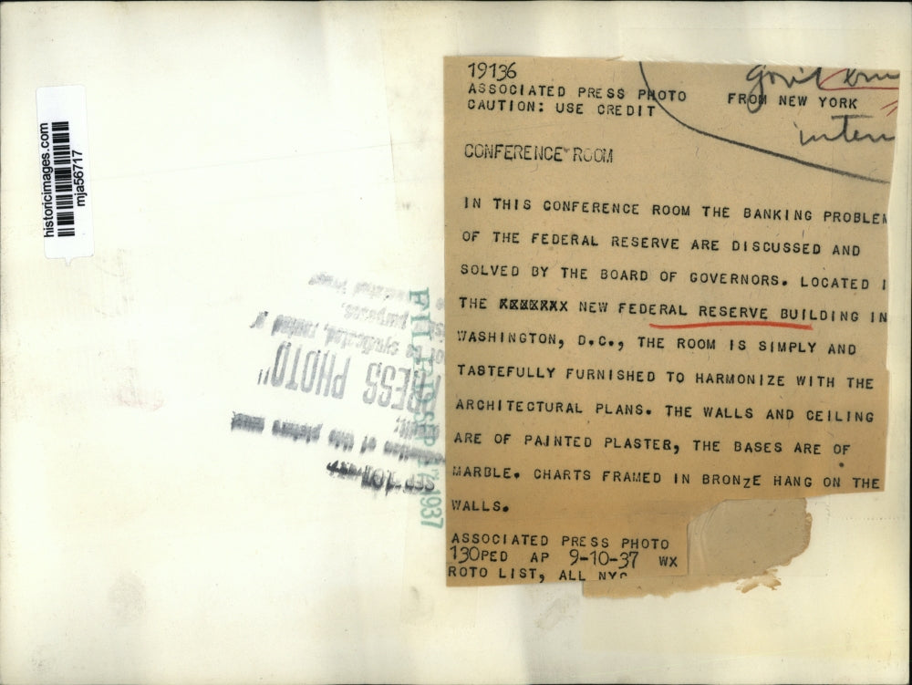 1937 Press Photo Conference Room in Federal Reserve Building Washington, D.C.