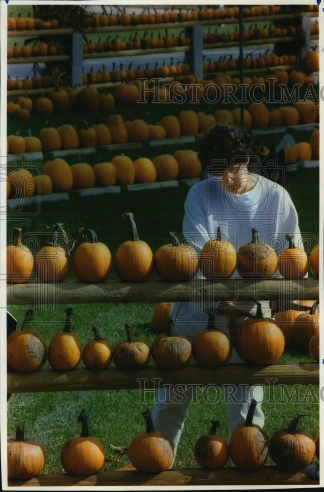 1993 Press Photo Laura Simon Sells Pumpkins at her stand in Brookfield, Wis. - Historic Images