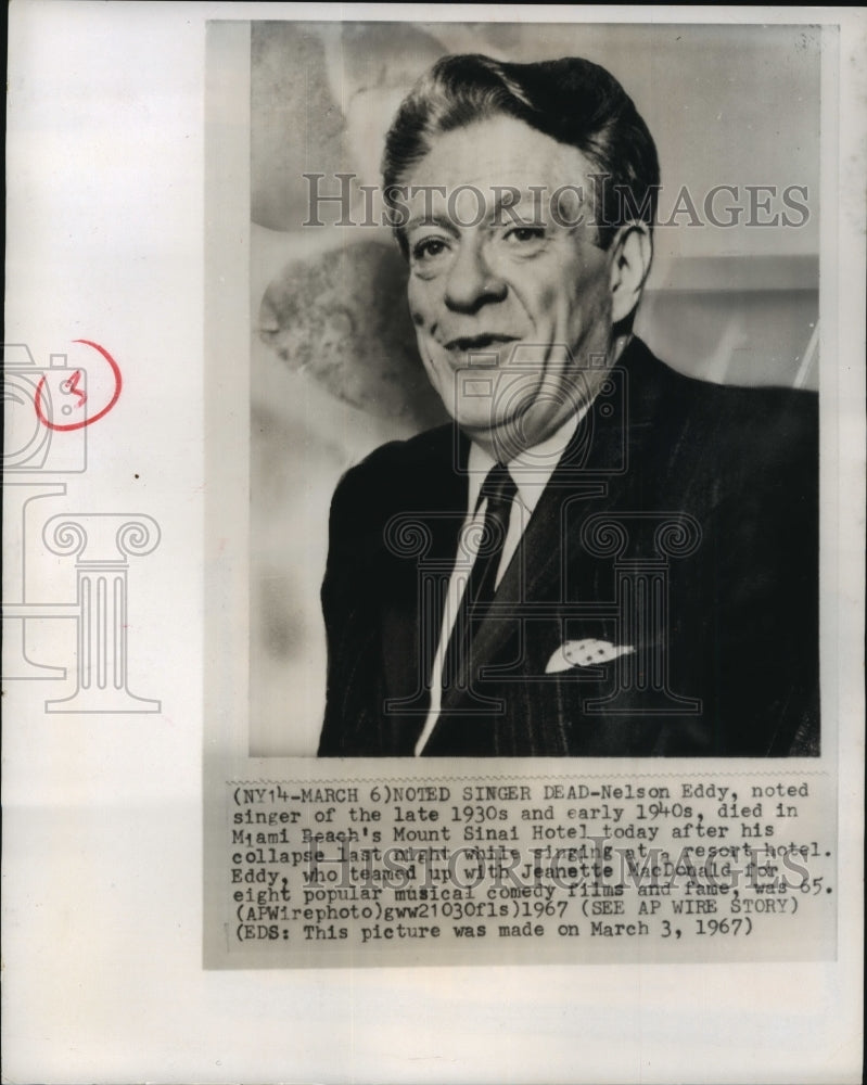 1967 Press Photo Death Notification for Nelson Eddy, Baritone Singer and Actor- Historic Images