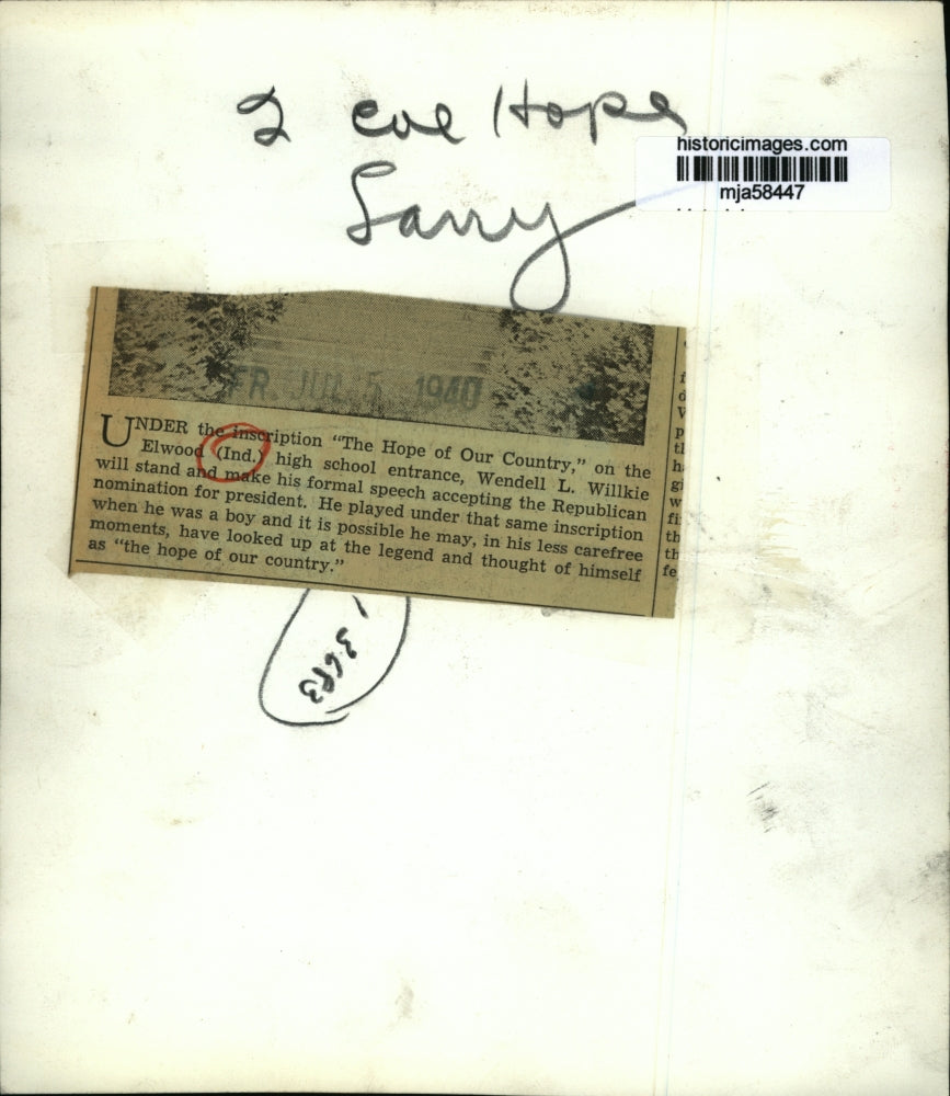 1940 Press Photo Elwood High school Entrance Where Wendell Willkie Made Speech