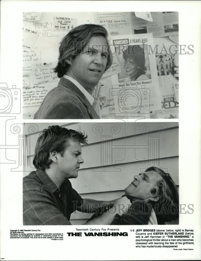 1993 Press Photo Actor Jeff Bridges &amp; Kiefer Sutherland Star in &quot;The Vanishing&quot;- Historic Images