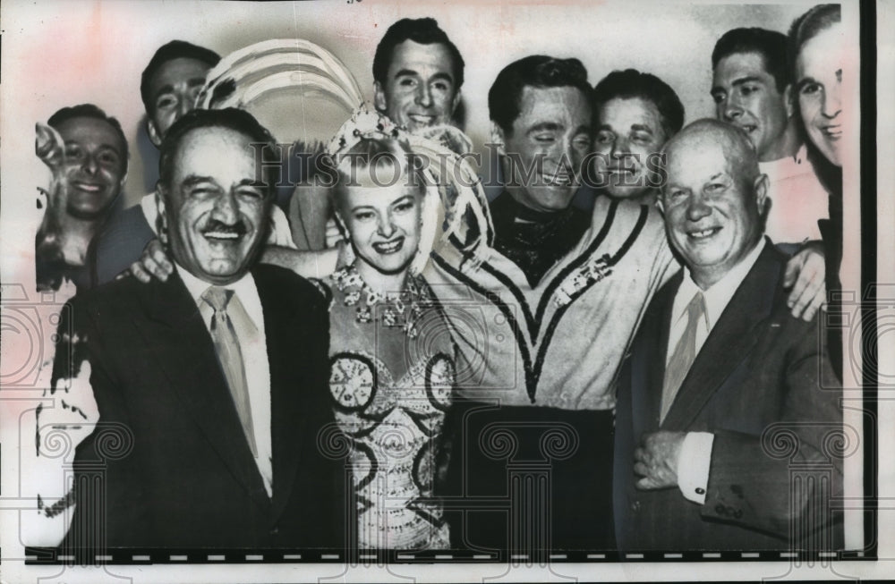 1958 Press Photo Anastas Mikoyan and Nikita Khrushchev with American Ice Show