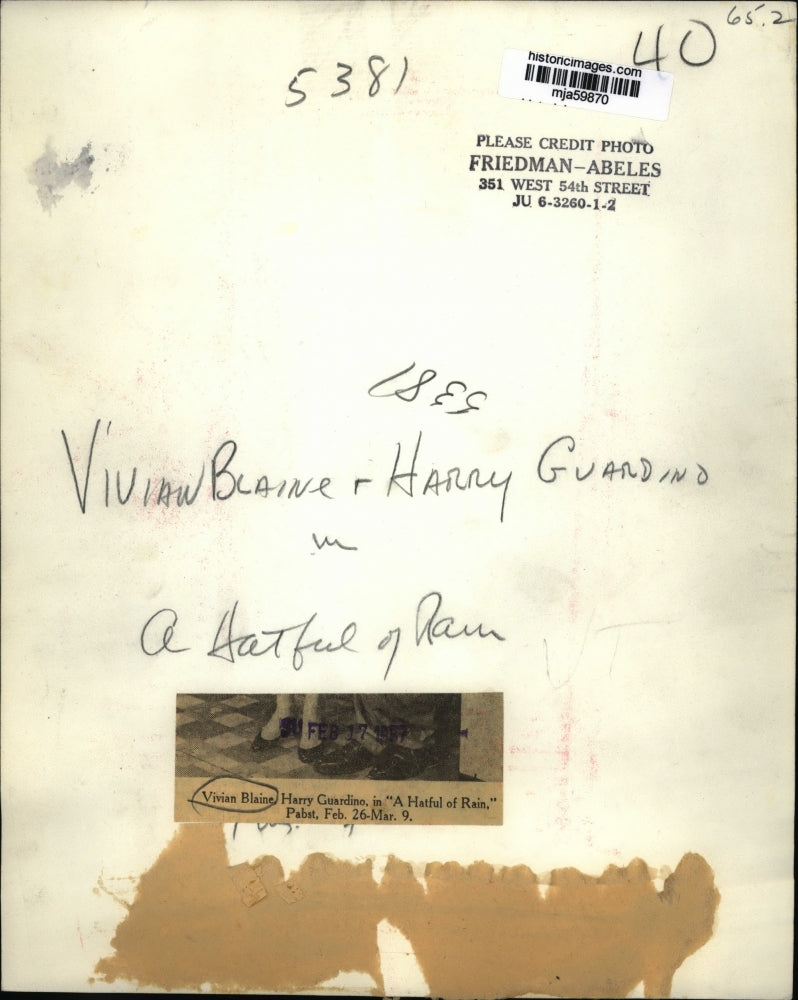 1957 Press Photo Actress Vivian Blaine & Actor Harry Guardino "A Hatful of Rain"