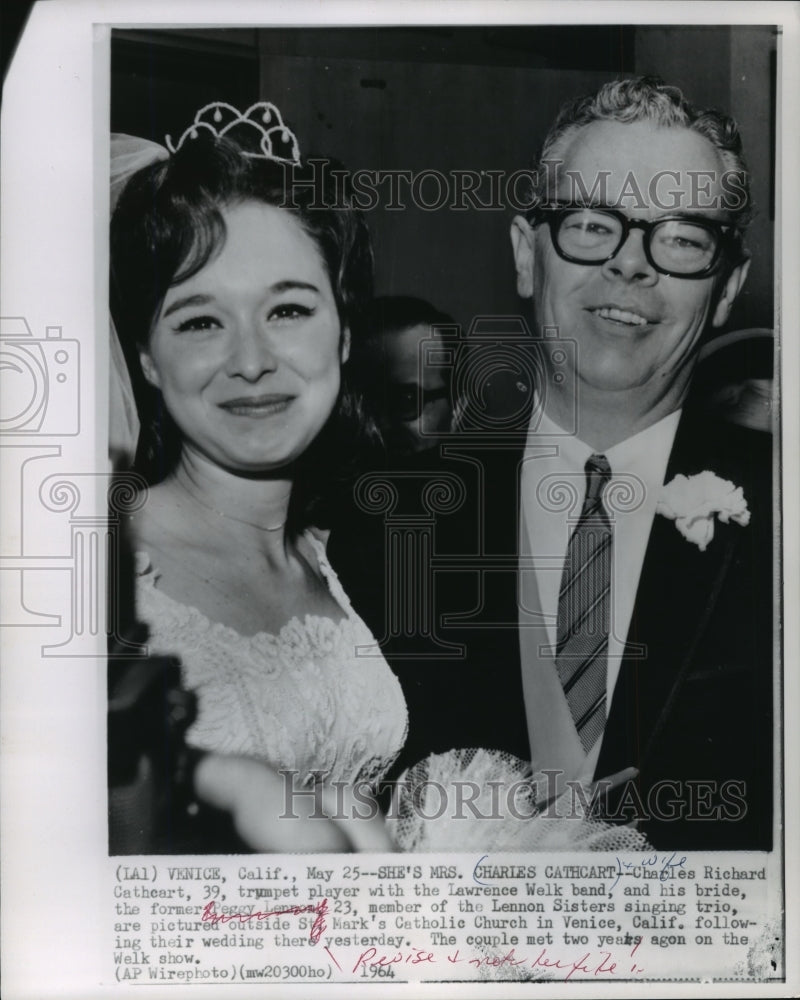 1964 Press Photo Trumpet Player for Lawrence Welk, Charles R. Catheart &amp; Bride- Historic Images