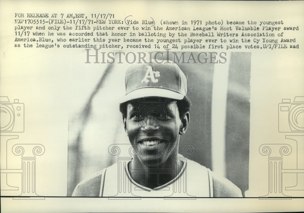 1971 Press Photo Vida Blue, American Baseball League Most Valuable Player- Historic Images