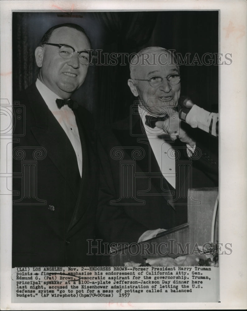 1957 Press Photo Gov. Edmund Brown is endorsed by former President Harry Truman- Historic Images