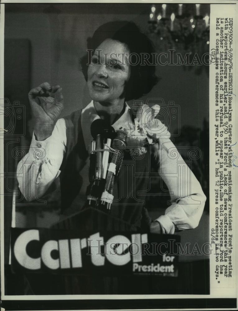 1976 Press Photo Rosalynn Carter talks about Ford&#39;s lack of news conference.- Historic Images