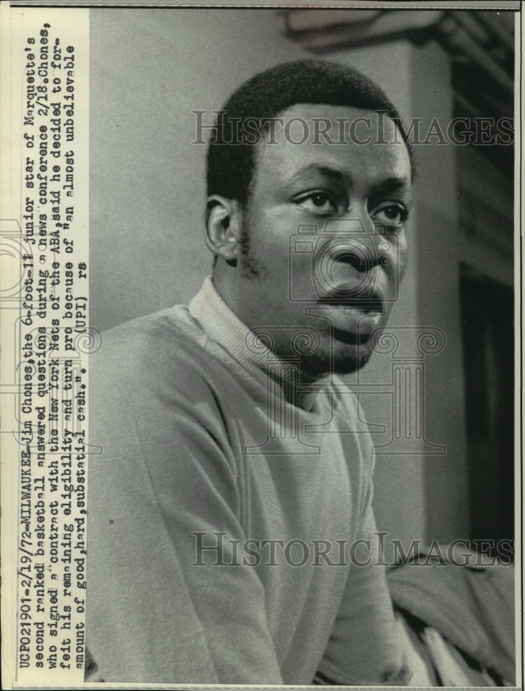 1972 Press Photo Marquette Basketball Player Jim Chones- Historic Images