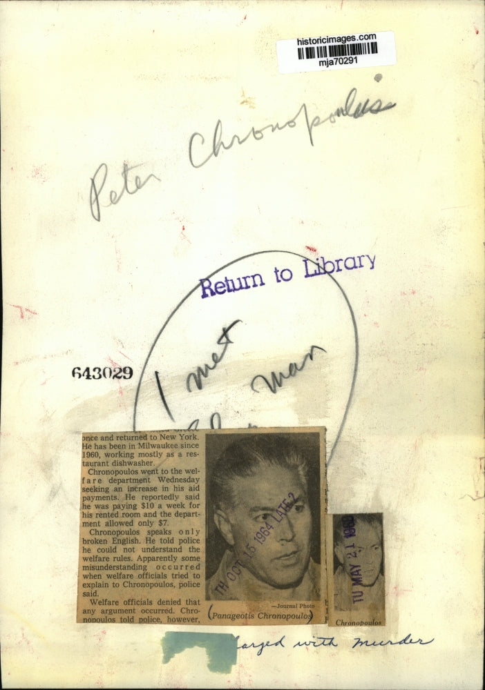 1964 Press Photo Panageotis Chronopoulos in Milwaukee - mja70291