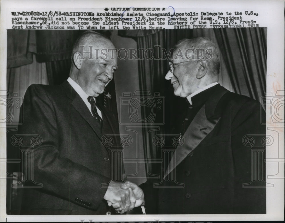 1958 Press Photo Archbishop Amleto Cicognani and Dwight Eisenhower- Historic Images