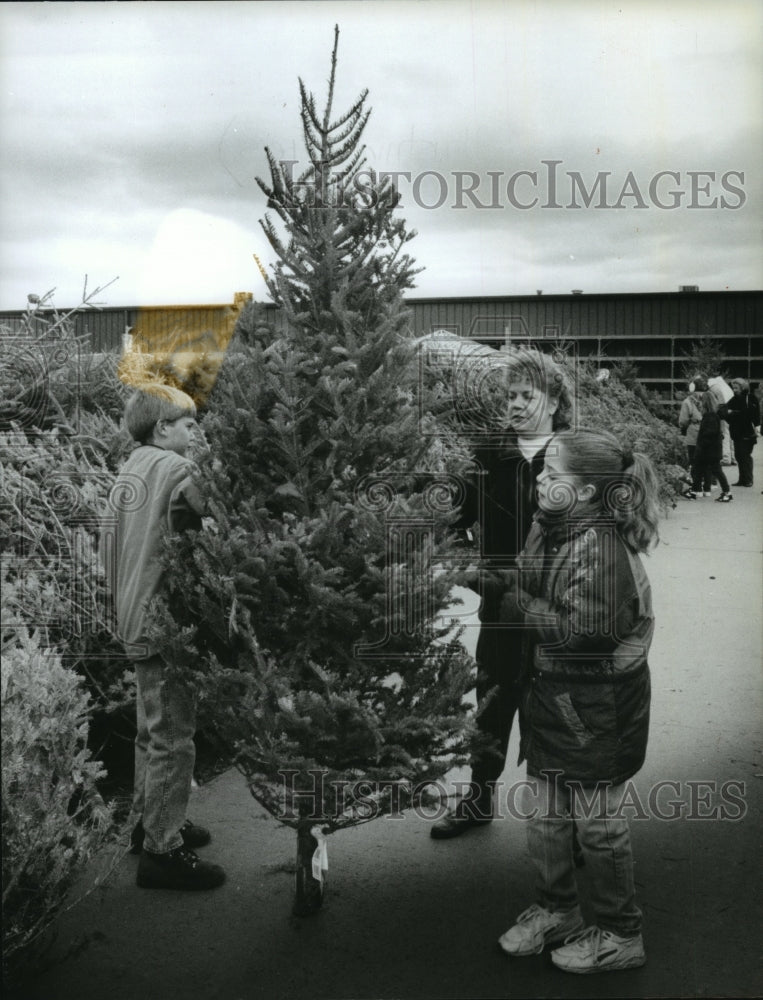 1994 Press Photo Petty Anderson and Children Pick Christmas Tree in Waukesha- Historic Images