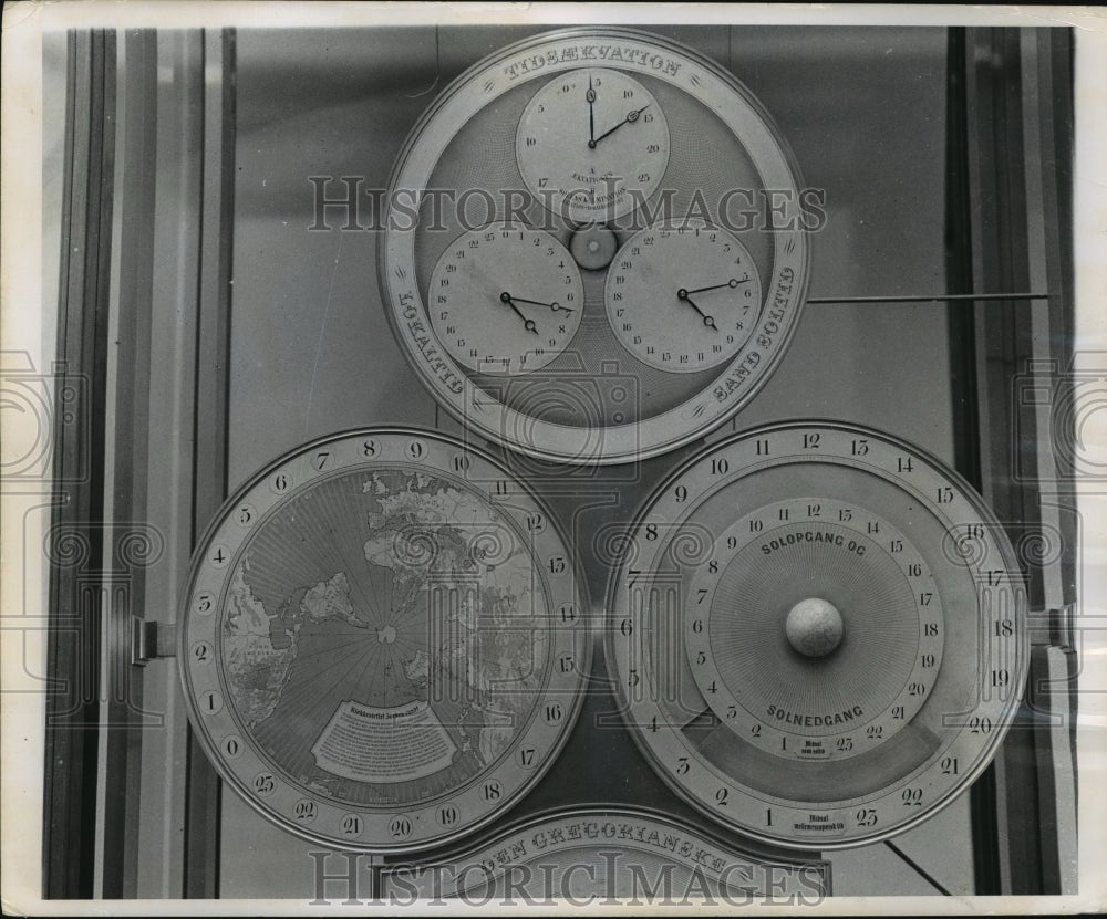 1956 Press Photo Time around the world -- Left-hand section clock has four dials- Historic Images