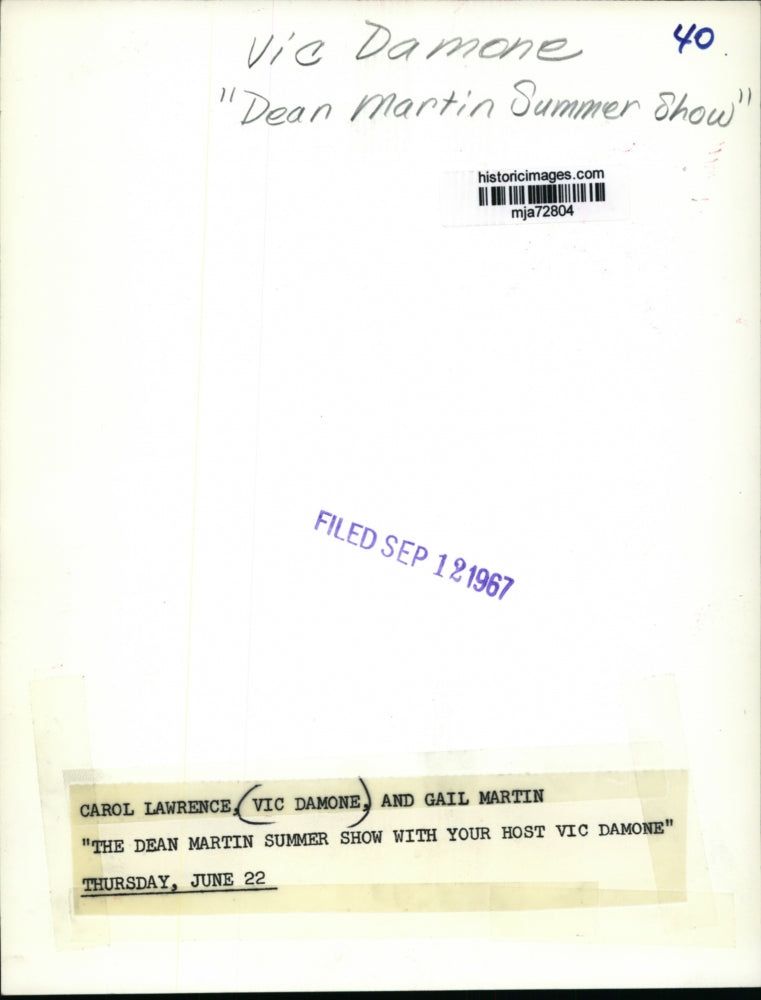 1967 Press Photo Carol Lawrence, Vic Damone, & Gail Martin: The Dean Martin Show