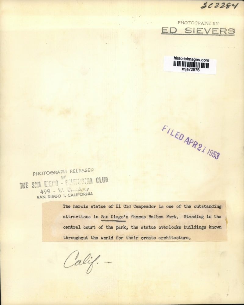 1953 Press Photo Statue of El Cid Campeador in San Diego's Balboa Park