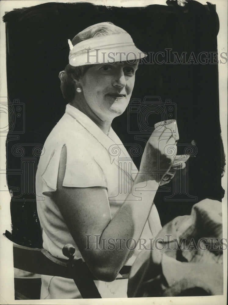 Load image into Gallery viewer, 1934 Press Photo Winston Churchill's Wife Sipping Tea at Tennis Tournament
