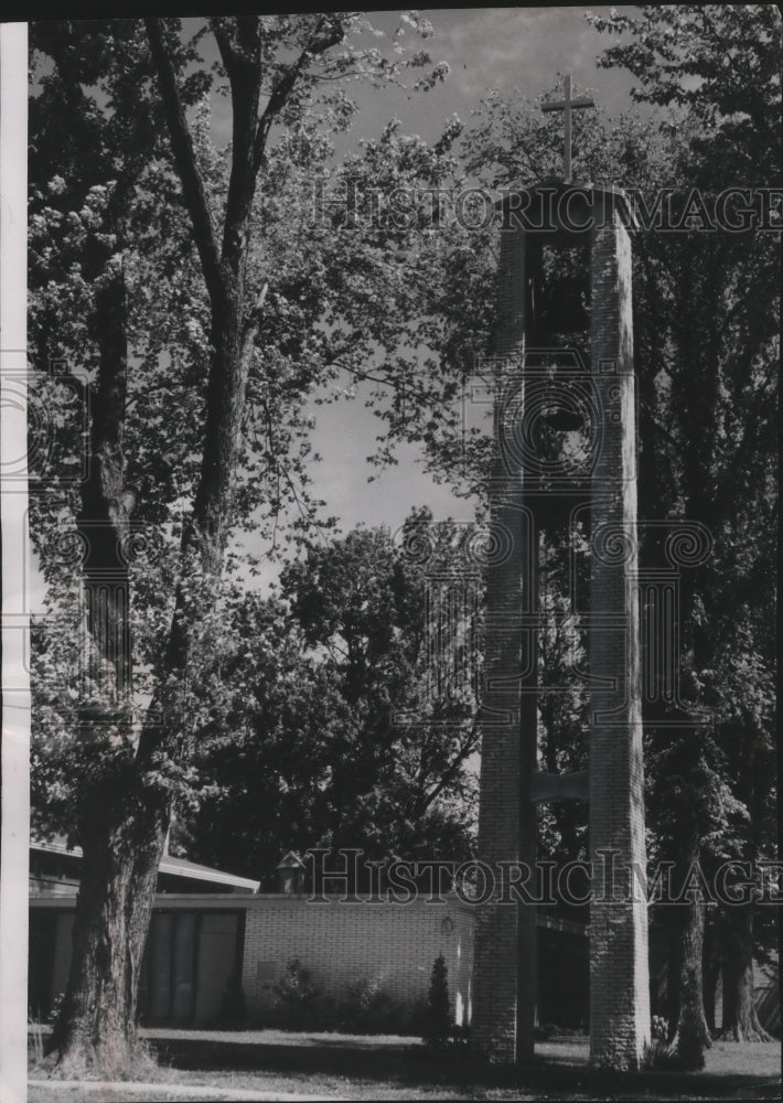 1957 Press Photo Contemporary Bell Tower at the Evangelical Lutheran Church- Historic Images