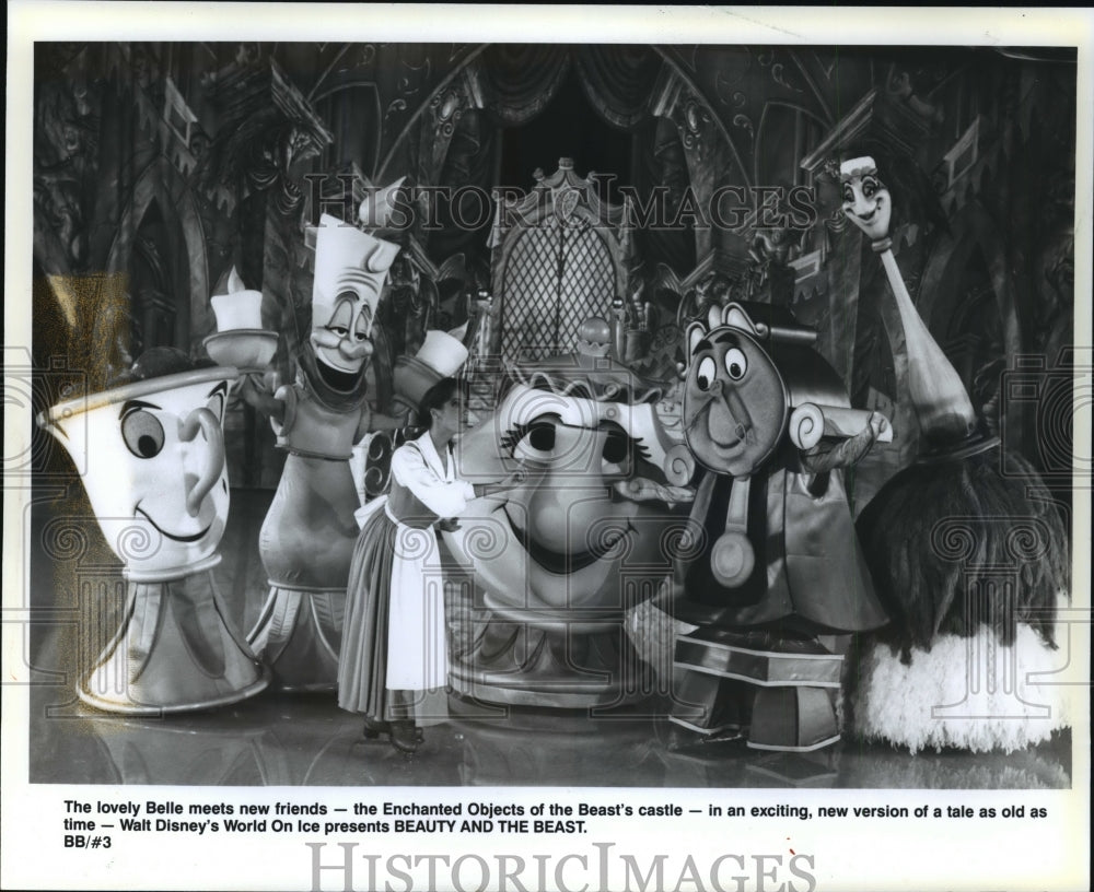 1993 Press Photo &quot;Beauty&quot; on ice: Belle meets new friends, the Enchanted Objects- Historic Images