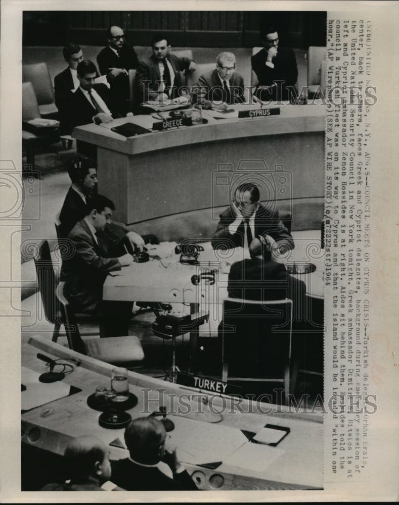 1964 Press Photo Orhan Eralp, Zenon Rossides, and Dimitri Betsios at the U.N.- Historic Images