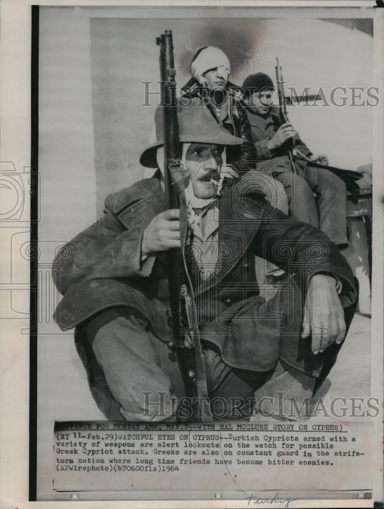 Load image into Gallery viewer, 1964 Press Photo Turkish Cypriots stand watch in case of Greek Cypriot attacks
