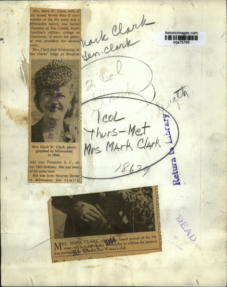 1944 Press Photo Mrs. Mark Clark photographed in Milwaukee - mja75789