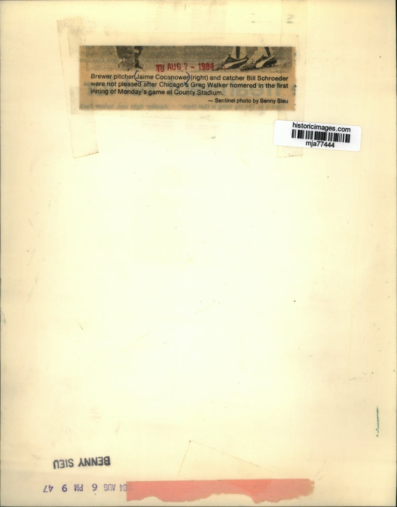 1984 Press Photo Brewers' baseball players Jaime Cocanower and Bill Shroeder