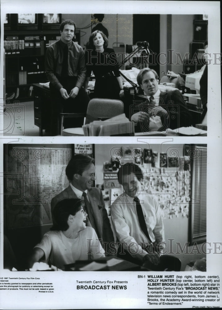 1987 Press Photo William Hurt, Holly Hunter, and Albert Brooks in Broadcast News